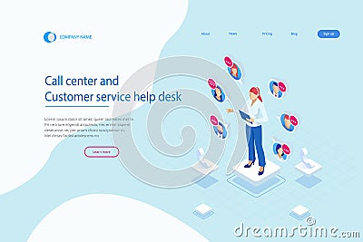 Isometric Communication support phone operator, Call center and Customer service help desk. Service desk consultant Vector Illustration