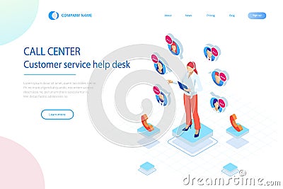 Isometric Communication support phone operator, Call center and Customer service help desk. Service desk consultant Vector Illustration