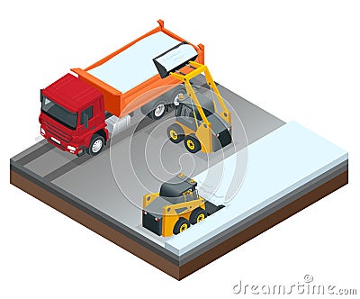 Isometric Compact Excavators. Small excavator bobcat and truck working on the street cleaning snow isolated on a white Vector Illustration