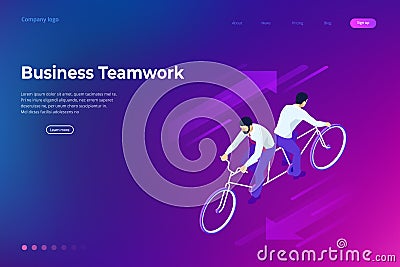 Isometric competition Businessman on bicycle tandem ride in different directions. Vector Illustration