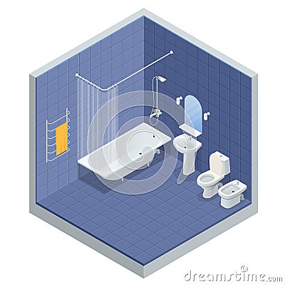 Isometric concept of Bathroom interior design with bath, shower mirror and towels, toilet, bidet, vector illustration Vector Illustration