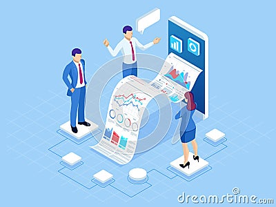 Isometric concept of business analysis, analytics, research, strategy statistic, planning, marketing, study of Vector Illustration