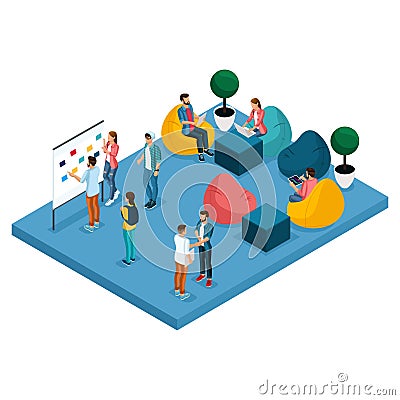 Isometric Coworking Center. Creative Freelancers Vector Illustration