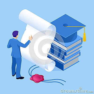 Isometric concept of education, graduation, technology and e-learning. Graduation, Mortar Board, Diploma. Vector Illustration