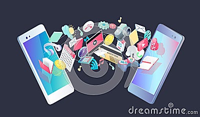 Isometric concept of exchange between smartphones. Vector Illustration