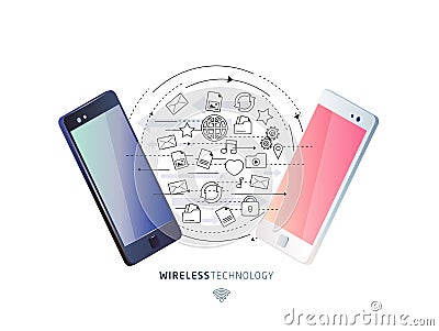 Isometric concept of exchange between smartphones. Vector Illustration