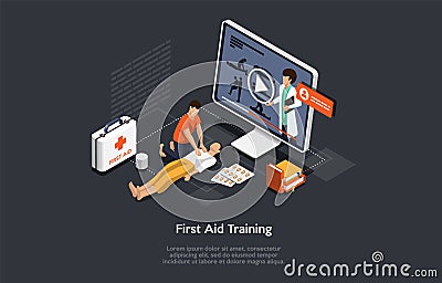 Isometric Concept Of First Aid Training Procedures Online Course With Teacher. Student Learn How to Perform Emergency Vector Illustration