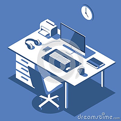 Isometric concept illustration of office work station. Desktop computer, glasses, phone, diagram, keyboard, cup of hot Vector Illustration