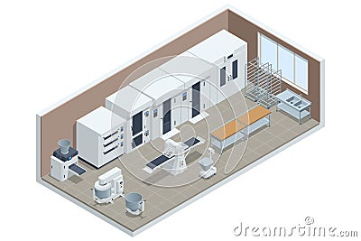 Isometric concept of Industrial bread production. Automatic bakery production line. Fresh hot baked bread. Vector Illustration