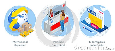 Isometric concept of International shipment, Postman recipient and E-commerce online order. Post office Express delivery Vector Illustration