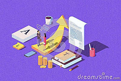 Isometric concept. The investors holds money in ideas social media, documents. Cartoon Illustration