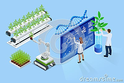 Isometric concept of laboratory exploring new methods of plant breeding and agricultural genetics. Plants growing in the Vector Illustration