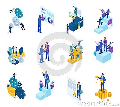 Isometric concept of the mechanism of business operation, Analytics data, to achieve the goal . For website and mobile Vector Illustration