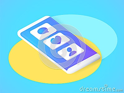 Isometric concept with mobile phone and push notification with likes, new comments, messages and followers. Cartoon Illustration