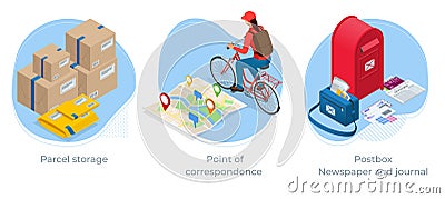 Isometric concept of Parcel storage, Point of correspondence, Postbox, Newspaper and journal. Post office Vector Illustration