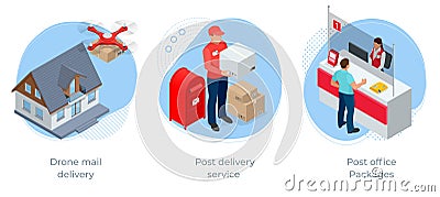 Isometric concept of Post office, Drone mail delivery, Post delivery service , Packages. Express delivery service Vector Illustration