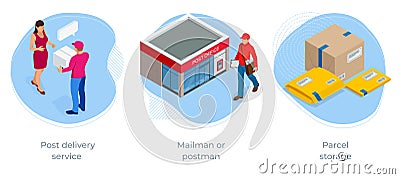 Isometric concept of Post office, Post delivery service , Mailman or postman, Parcel storage, Correspondence, Newspaper Vector Illustration