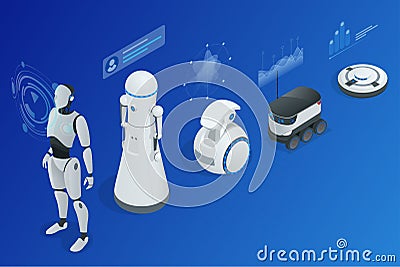 Isometric concept robot programming. Infographics of Robots helpers and friends Vector Illustration