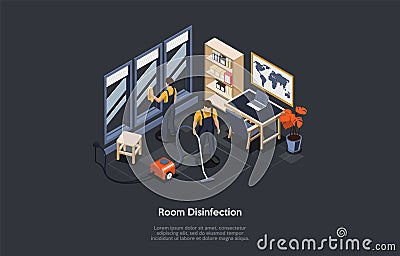 Isometric Concept Of Room Disinfection, Pest Poison Cleaning. People In Special Work Suits Use Vacuum Cleaner And Vector Illustration