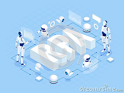 Isometric concept of RPA, artificial intelligence, robotics process automation, ai in fintech or machine transformation. Vector Illustration