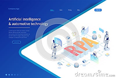 Isometric concept of RPA, artificial intelligence, robotics process automation, ai in fintech or machine transformation Vector Illustration