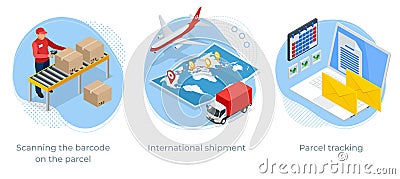 Isometric concept of Scanning the barcode on the parcel, International shipment and Parcel tracking. Post service. Stock Photo