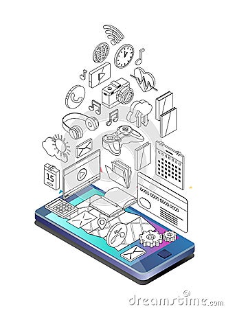 Isometric concept of smartphone with different applications, on-line services and stationary options. Vector Illustration