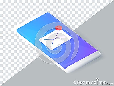 Isometric concept with smartphone and incoming messages. New mail, sms. e-mail notification. Vector illustration. Cartoon Illustration