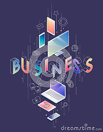Isometric concept with thin line letters, typography word business Vector Illustration