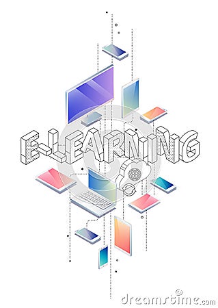 Isometric concept with thin line letters, typography word e-learning Vector Illustration