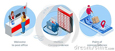 Isometric concept of Welcome to Post Office , Mailbox Correspondence and Point of correspondence. Post office Post Vector Illustration