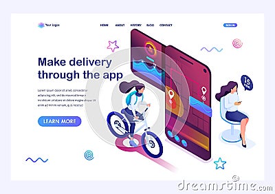 Isometric concept woman Makes a delivery through the app, the girl courier tracks the arrival time and place of delivery. Landing Vector Illustration