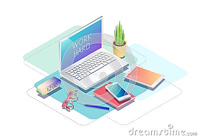 Isometric concept of workplace with computer and office equipment. Vector Illustration