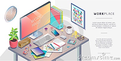 Isometric concept of workplace with computer and office equipment. Vector Illustration