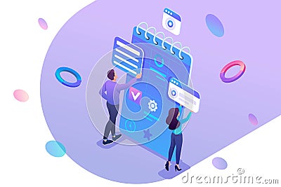 Isometric concept Young entrepreneurs are engaged in the preparation of business planning for the month. Concept for web design Vector Illustration