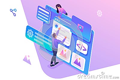 Isometric concept young people are engaged in web design, website page development. Concept for web design Vector Illustration