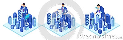 Isometric concepts of a big businessman running a city. For website and mobile application design Vector Illustration