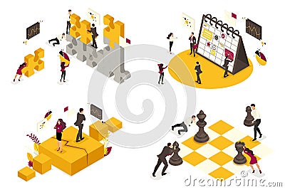 Isometric concepts of business processes, disagreements, Analytics, planning, partnership. For website and mobile application Vector Illustration