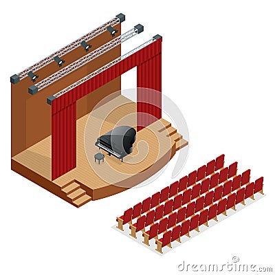 Isometric concert stage and black grand piano at spot light. Podium concert stage. Performance show entertainment, scene Vector Illustration