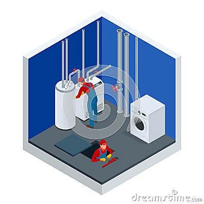 Isometric condensing boiler gas in the boiler room. Worker set up central gas heating boiler at home. Construction Vector Illustration