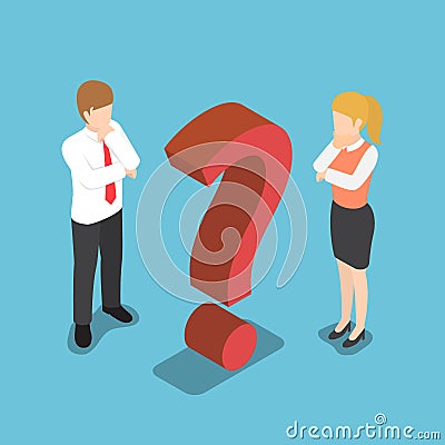 Isometric confused businessman with question mark sign. Vector Illustration