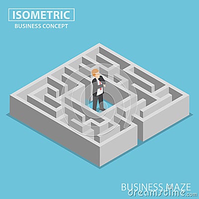 Isometric confused businessman stuck in a maze Vector Illustration