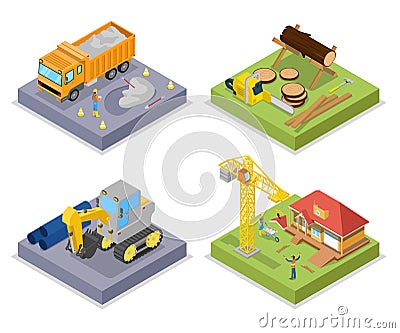 Isometric Construction Industry. Industrial Crane, Private House and Bark of Wood Vector Illustration