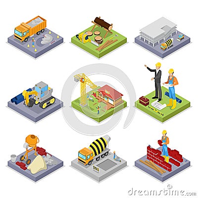 Isometric Construction Industry. Industrial Crane, Workers, Mixer and Buildings Vector Illustration