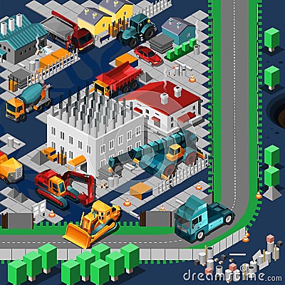 Isometric Construction Machines Concept Vector Illustration