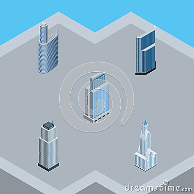 Isometric Construction Set Of Urban, Residential, Building And Other Vector Objects. Also Includes Apartment, Tower Vector Illustration