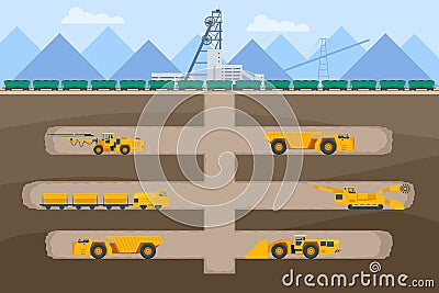 Isometric construction underground and open pit mining quarry. Factories or industrial plants, heavy industry. Equipment Vector Illustration