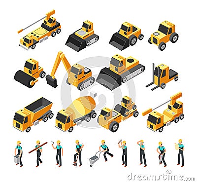 Isometric construction workers, building machinery and equipment 3d vector set Vector Illustration