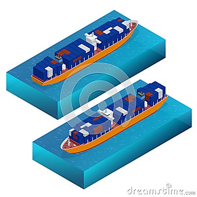 Isometric container ship. Cargo vessel. Detailed cargo ship vector isolated. Global cargo shipping concept. Ferry ship Vector Illustration