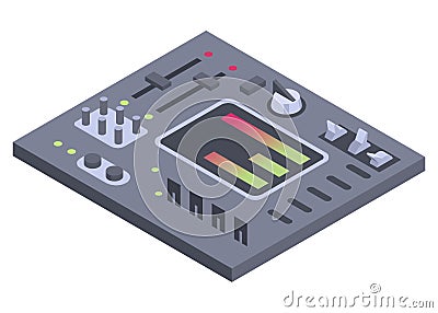 Isometric control panel spaceship with slider, controllers, buttons. 3d dashboard on white background. Aircraft toggle Vector Illustration